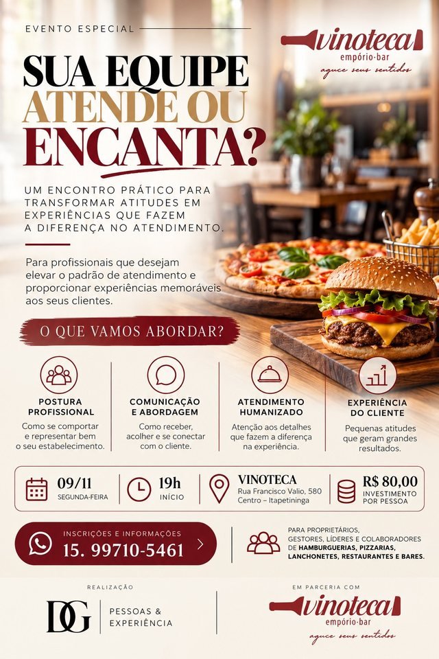 Cartaz do evento Sua equipe atende ou encanta? na Vinoteca Empório Bar